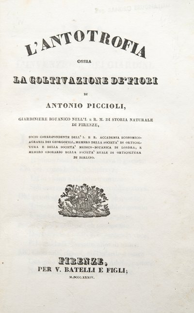 Titelblad, fra Antotrofien eller dyrkningen af ​​blomster af Antonio Piccioli, pub. 1834 (gravering) af Italian School