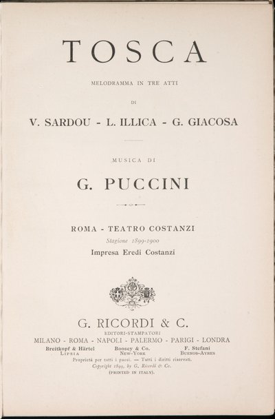 Titelside, Libretto della Tosca, af Giacomo Puccini, Ricordi Edition, Italien af Italian School