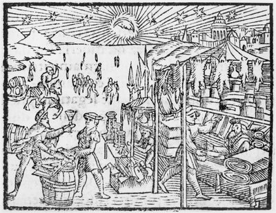 Handel i Skandinavien, illustration fra History of the Northern Nations af Olaus Magnus (1490-1558), udgivet i Rom, 1555 af Italian School