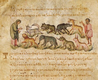 Afhandling om de mange dyrearter, der bebor jorden, illustration fra Cynegetica af Oppian (tempera på vellum) af Italian School