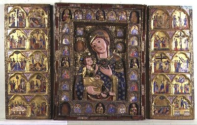 Madonnaen og barnets triptykon med evangelister, profeter og scener fra Kristi liv (træ, sølvfiligran og emalje) af Italian School