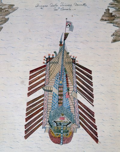Trireme (skib med tre banker af årer), fra Om maritime milits afhandling, af Cristoforo Canal (1510-1562), Italien af Italian School