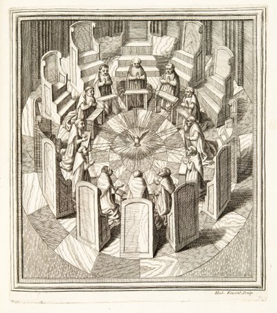 Tolv dommere fra Rota beder i en cirkulær sal omkring Helligånden, pub. 1717 (gravering) af Italian School
