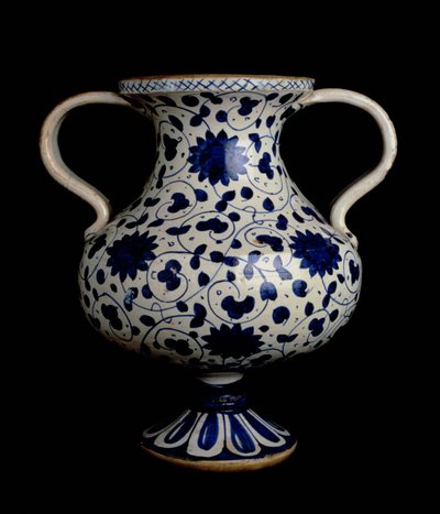 To-grebet polykrom lustreware balustervase med blå og hvid dekoration, italiensk, lavet i Deruta, tidligt 1500-tal (keramik) af Italian School