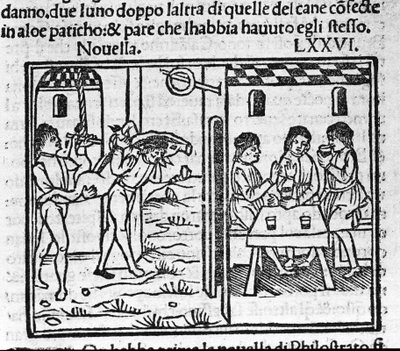 To mænd bærer en gris på deres skulder. Illustration til nyhederne 76 (ny 6 af den ottende dag) af "Decameron"" af Giovanni Boccaccio dit Jean Boccaccio (1313-1375), italiensk forfatter. Gravering i "" Decamerone ouer Cento nouelle"" Venedig, Bartolomeo de af Italian School