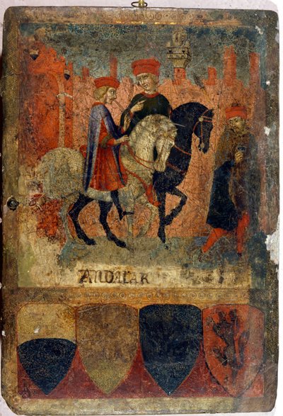 To skatteinspektører. Biccherna (omslag af regnskabsregistret for byen Siena). Nationalarkiv - Museo delle Tavolette de Bicherna, Siena. Slutningen af det 14. - begyndelsen af det 15. århundrede. af Italian School