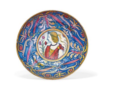 Umbrisk majolica guld- og rubinglans fad med fod, fra Deruta til Gubbio, ca. 1510-20 af Italian School