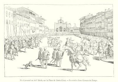 En karrusel i det 16. århundrede, på Plaza de Santa Croce, faksimile af en indgravering fra tiden (gravering) af Italian School