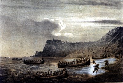Unite of Italy: Ekspedition af de tusinde eller røde skjorter ledet af Giuseppe Garibaldi (1807-1882). Afgang af den første flåde af Garibaldians mod Calabrien ved Fort Stella. Litografi af det 19. århundrede af Italian School