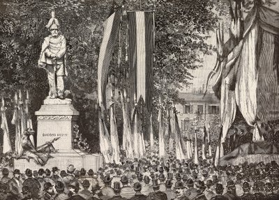 Afsløring af monumentet til general Giacomo Medici, Milano, Italien, gravering fra tegning af Edoardo Ximenes fra fotografiet Rossi, fra L