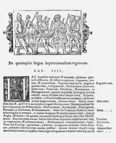Forskellige sprog, illustration fra History of the Northern Nations af Olaus Magnus (1490-1558), udgivet i Rom, 1555 af Italian School