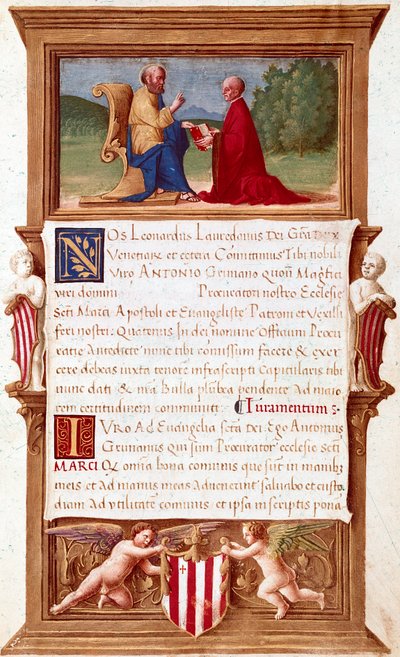 Venedig: Doge Antonio Grimanis kommission (1434-1523), Procurator of San Marco (Saint Mark) Manuskriptside fra det 16. århundrede. Venedig, Museo Correr af Italian School