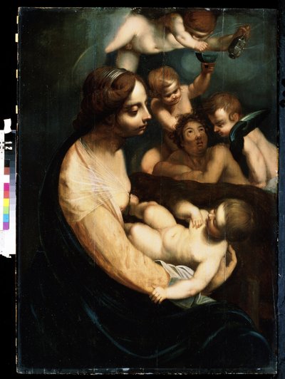 ""Madonna og barn og engle"" (Jomfru og barn med engle) Italiensk maleri fra begyndelsen af ​​det 17. århundrede. Mikhail Kroshitsky kunstmuseum, Sevastopol (Sevastopol) Ukraine af Italian School