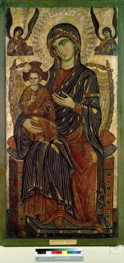 ""Madonna og barn på tronen"" (Jomfru og barn på tronen) Jesu Kristi glorie er markeret med et kors. Anonymt maleri af en kunstner fra Pisa. Tempera på træ. omkring 1280 Pushkin Museum, Moskva af Italian School