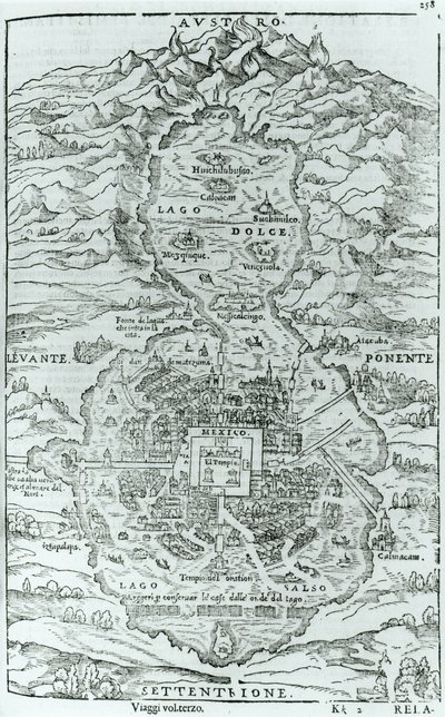 Udsigt fra den nordlige del af den aztekiske by Tenochtitlan, fra Relatione della Citta del Temistitan af Giovanni Battista Ramusio (1485-1557) udgivet i Venedig 1606 af Italian School
