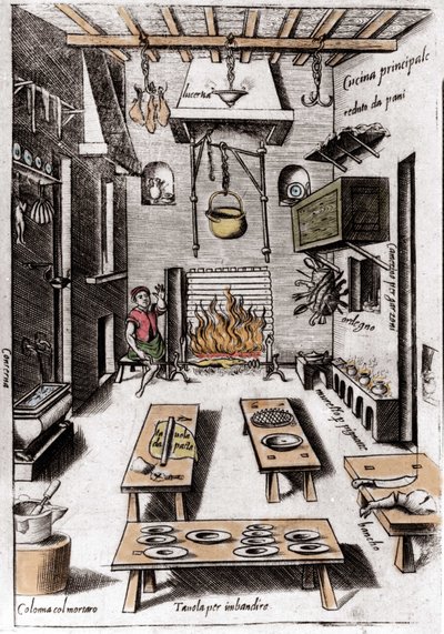 Udsigt over et køkken. Gravering fra "Opera", bog om gastronomi opdelt i 6 dele, af Bartolomeo Scappi, personlig kok af pave Pius V. Venedig af Italian School