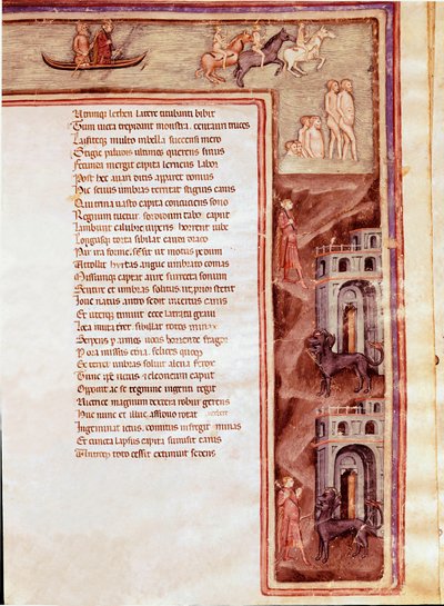 Udsigt over underverdenen, karakterer og monstre, illustration til Furious Hercules af Seneque (Miniature af Italian School