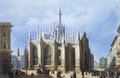 Udsigt over bagsiden af Milano-katedralen fra Udsigt over Milano og dens omegn af Italian School