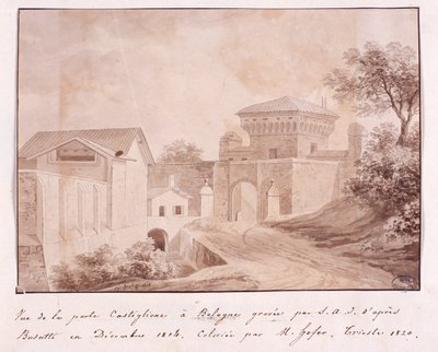 Udsigt over porten til Castiglione i Bologna, indgraveret af S.A.I. efter Busatti, december 1814 (farvet gravering) af Italian School