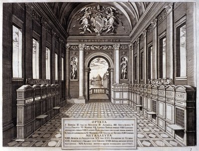 Udsigt over museet for Michele Mercati (1541-1595), forvalter af Vatikanets botaniske have. Indgravering fra "" Metallotheca..." Rom 1717 - 1719 af Italian School