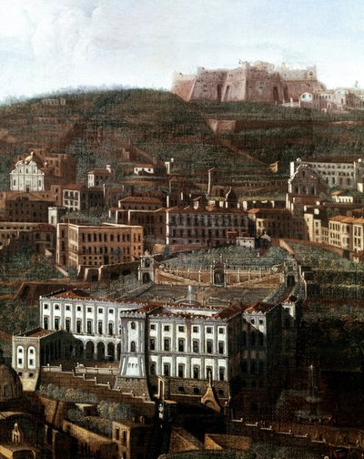 Udsigt over det gamle retshus forvandlet til et palads med hængende haver i Napoli Anonymt maleri - 1700-tallet - Napoli, Museo Nazionale di San Martino af Italian School