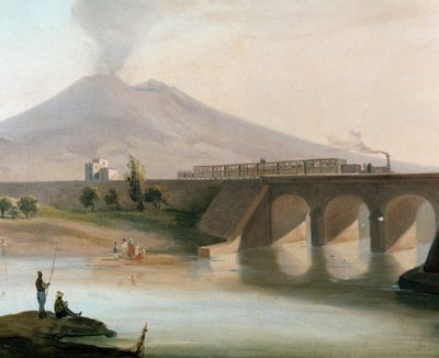 Udsigt over jernbanelinjen mellem Torre Annunziata og Nocera i Napoli-regionen indviet i 1844, Vesuve er synlig i baggrunden (Udsigt over jernbanelinjen mellem Torre Annunziata og Nocera nær Napoli) - Maleri af det 19. århundrede Museo Nazio af Italian School