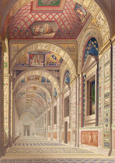 Udsigt over anden sals Loggia ved Vatikanet, med dekoration af Raphael, fra Delle Loggie di Rafaele nel Vaticano, udgivet som et løst blad i udgaven af 1814 (håndfarvet gravering) af Italian School