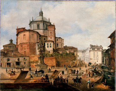 Udsigt over pladsen Vetra og apsis af basilikaen San Lorenzo Anonym maleri. Slutningen af det 19. århundrede. Milano, Milanos museum af Italian School