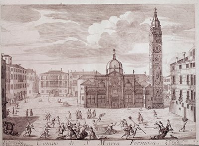 Udsigt over pladsen ved kirken Santa Maria Formosa a Venedig Gravering fra "" Teatro di Venezia"" 1700-tallets Venedig, Museo Correr af Italian School