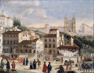 Udsigt over Spaniens torv og Saint Trinity-kirken i Rom - 1600-tallet (maleri) af Italian School