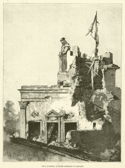 Villa Savorelli, Garibaldi hovedkvarter (gravering) af Italian School