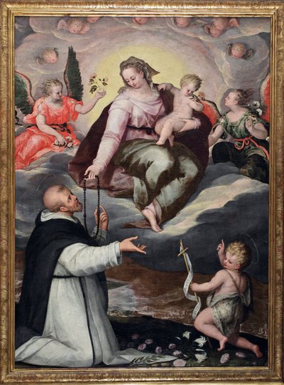 Jomfru overrækker rosenkransen til St Dominic Anonymous maleri omkring 1650 Milano, Basilica of Santa Maria delle Grazie af Italian School