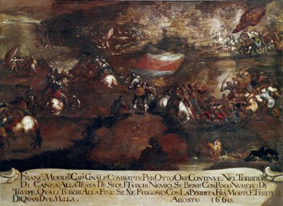 War of Candia (Kreta):: "" Slaget ved Chania ledet af Francesco Morosini (1619-1694) i august 1660" (Kretensiske krig (1645-69): angrebet på Canea ledet af Francesco Morosini i august 1660) Maleri af venetiansk skole af Italian School