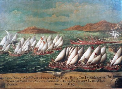 War of Candia (Kreta): den venetianske flåde under kampagnen ledet af Doge Francesco Morosini mod tyrkerne i 1659 Maleri af den venetianske skole. 1600-tallet - Venedig, Correr Museum af Italian School