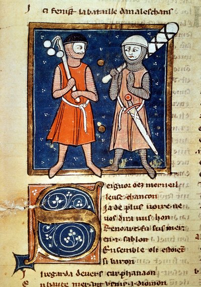 Warriors arme af køller - i "" The moon age of William""", manuskript fra det 13. århundrede. biblioteca Trivulziana. Milano af Italian School