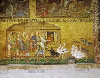Mens hans familie venter på at komme om bord, hjælper Noa dyrene med at komme ind i arken ... (mosaik) af Italian School