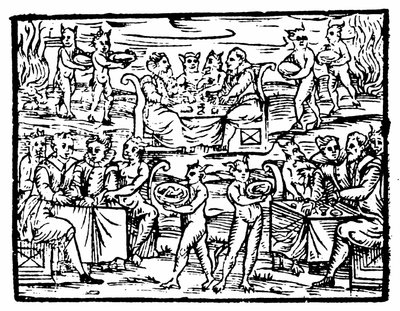 Hekse og troldmænd, der fester på sabbatten, illustration fra Compendium Maleficarum af Francesco Maria Guazzo, 1608 af Italian School