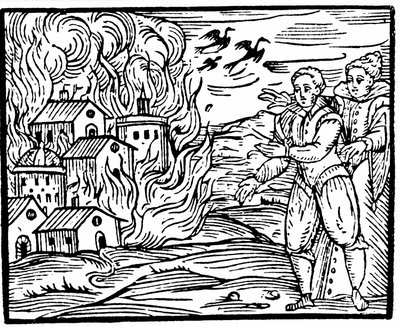 Hekse ødelægger et hus ved brand, Schwaben i 1533, illustration fra Compendium Maleficarum af Francesco Maria Guazzo, 1608 af Italian School