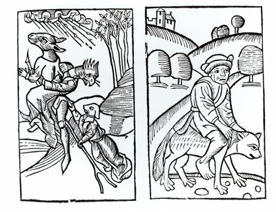 Hekse forklædt som dyr, der rider på et kosteskaft (til venstre) og en hanheks, der rider på en ulv (til højre), kopier af illustrationer fra Compendium Maleficarum af Fr. M. Guaccius, Milano 1608, brugt i magiens historie af Italian School