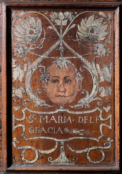 Træplade dekoreret med et ansigt og inskriptionen "Santa Maria delle Gracia" ", sacristy del bramante 1429-1481 Basilica di Santa Maria delle Grazie Milan (træbænk dekoreret med et ansigt og inskriptionen" Santa Maria delle Gracia "", Bramante sacrist af Italian School