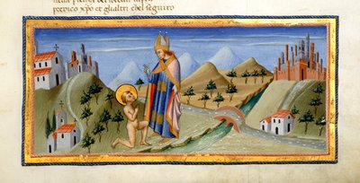 Yates Thompson 36, f.149, Den nøgne skikkelse af St. Francis, modtager velsignelsen af biskoppen af Assisi, fra 