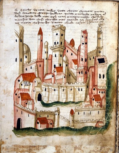 Udsigt over byen Jerusalem, fra Libro dOltramare af Niccolo da Poggibonsi (pen & blæk og tempera på vellum) af Italian School Italian School