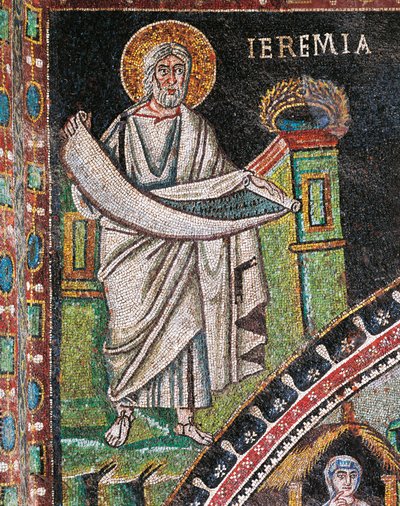 Profeten Jeremiah, mosaik, venstre for lunette, nordlige mur af præsbyteriet, Basilica of San Vitale (UNESCOs verdensarvsliste af Italian School