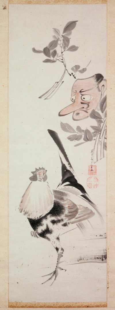 Cockerel and Tengu-Mask, ca. 1775 (blæk & lys farve på papir) af Ito Jakuchu