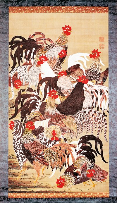 Tretten haner, fra Doshoku Sai-e (De levende væseners farverige rige) Edo-perioden. ca. 1757-66 (farve på silke) af Ito Jakuchu