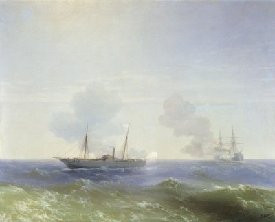 Russisk: "Kampen mellem dampskibet Vesta og det tyrkiske slagskib Fehti-Bulend i Sortehavet den 11. juli 1877 " Kampen mellem dampskibet Vesta og det tyrkiske slagskib Fehti-Bulend i Sortehavet den 11. juli 1877 af Ivan Aivazovsky