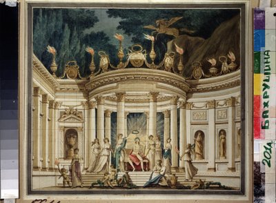 Le Triomphe des Muses. Projet du rideau pour le prologue musical af Alexander Alyabyev (1787-1851) og Alexis Verstsovsky (1799-1863). (Triumph of Muses. Gardindesign til musikprologen af A.Alyabyev og A.Verstovsky). Decor antiquisant avec Apollon, af Ivan Alekseevich Ivanov