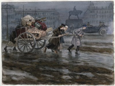 Famille demenageant ses affaires dans une charrette a bras - Familie flytter sine ejendele på vogn (fra serien af akvareller russiske revolution) - Vladimirov, Ivan Alexeyevich (1869-1947) - 1917-1918 - Akvarel på papir - 25,9x34,3 - Privat Saml af Ivan Alexeyevich Vladimirov