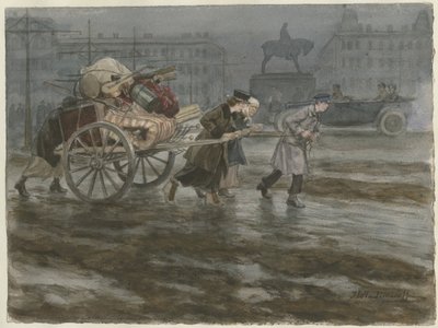Familie flytter sine ejendele på vogn fra serien af akvareller russisk revolution, 1917-1918 af Ivan Alexeyevich Vladimirov