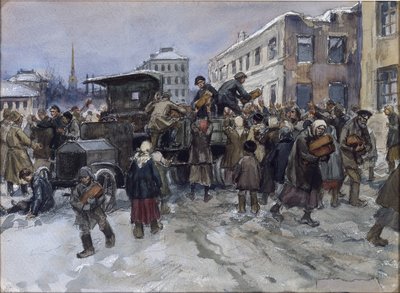 Sultne arbejdere i Petrograd, der røver brød fra en militærlastbil af Vladimirov, Ivan Alexeyevich (1869-1947). Akvarel, Gouache på papir af Ivan Alexeyevich Vladimirov